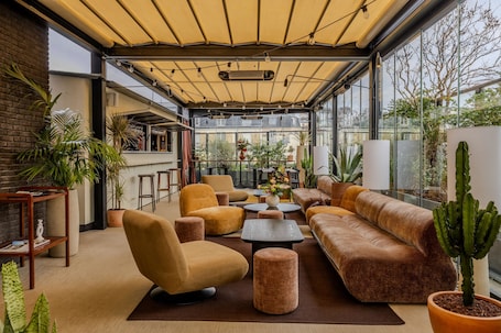 A modern outdoor lounge area with comfortable seating, potted plants, and a view of the cityscape.